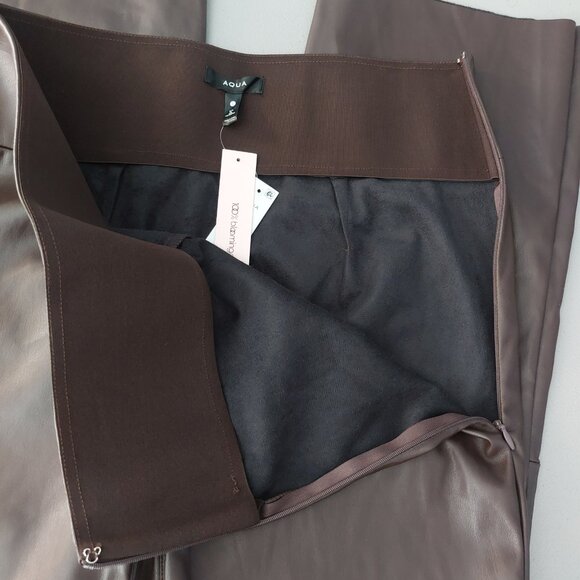 AQUA Brown Faux Leather Pants L High Rise Cropped Flare Chic Modern - Picture 6 of 13